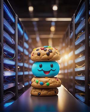prompt: happy cookie in server room